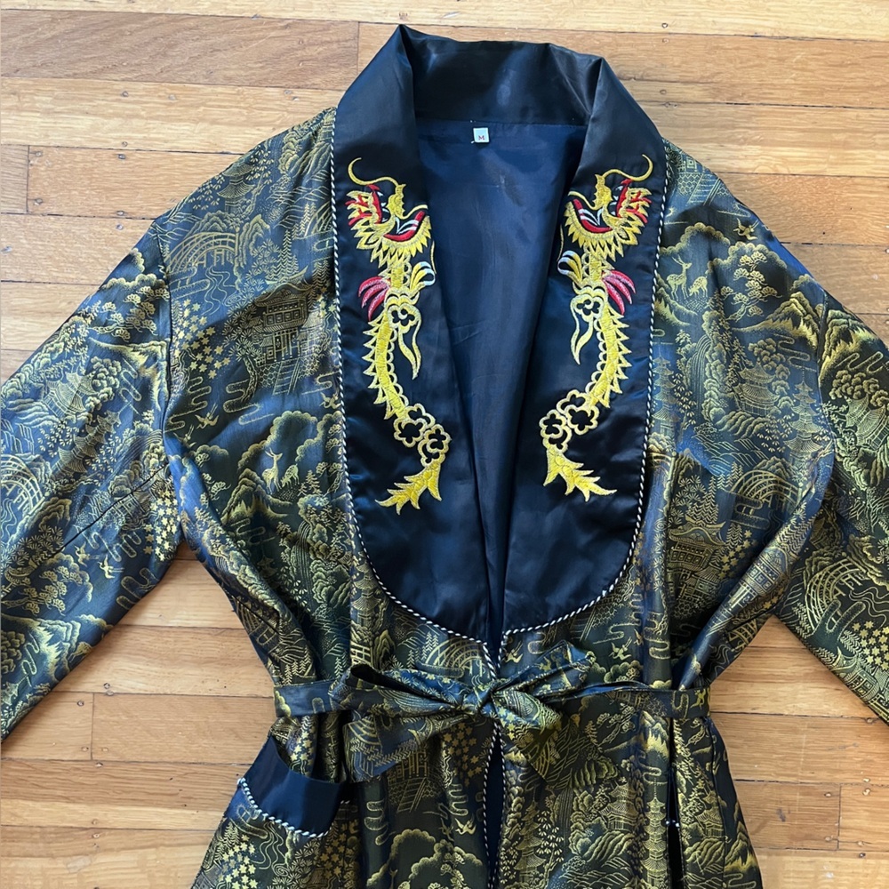 Chinese satin smoking jacket robe gold black embroidered dragons M belted shawl